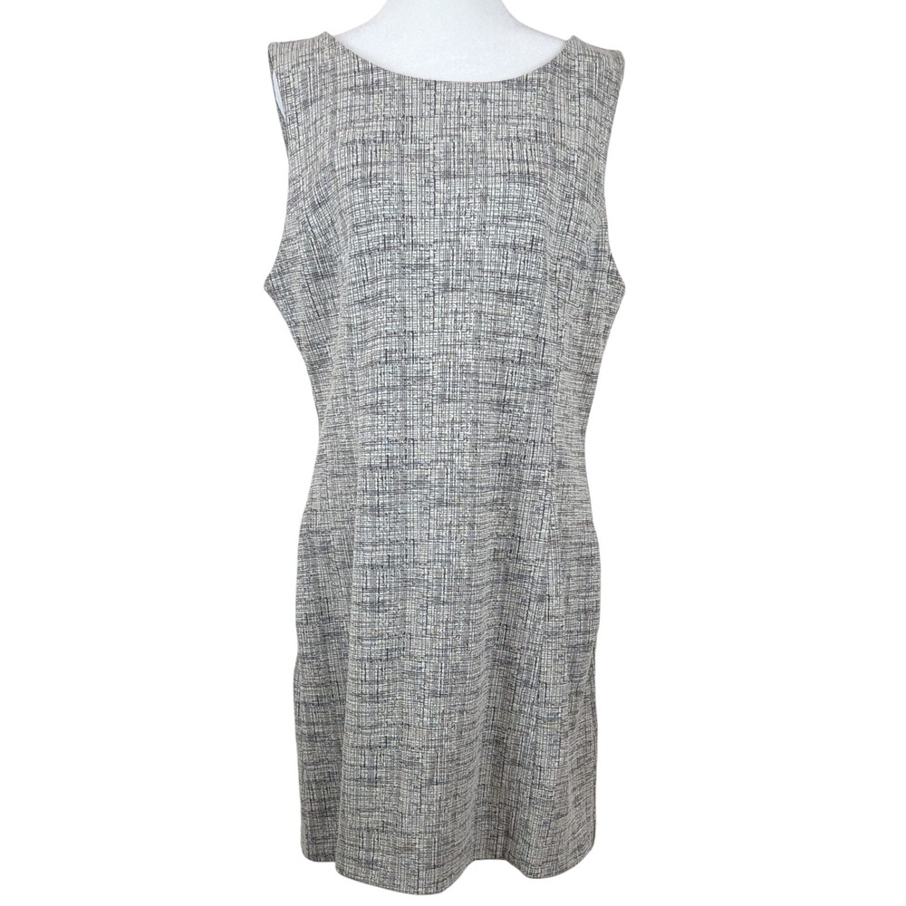 Tahari‎ Sleeveless Dress Size 14 Black White Grid Tweed Pockets Sheath Career